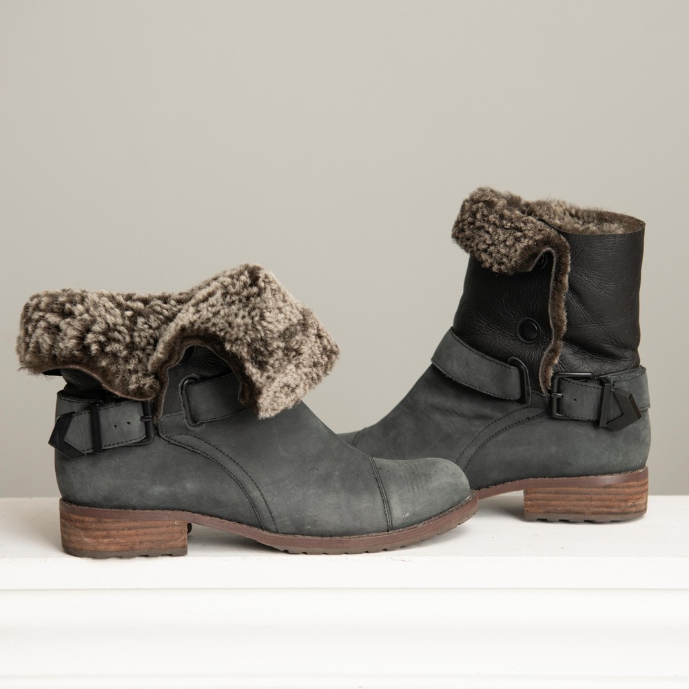 Matt Bernson Leather Shearling Moto Boots Fold Over Sz 7 Biker Edgy Boho Grunge